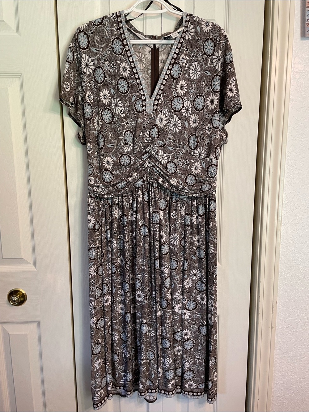 Eliza J Brown Floral V-Neck Ruched Waist Midi Dress